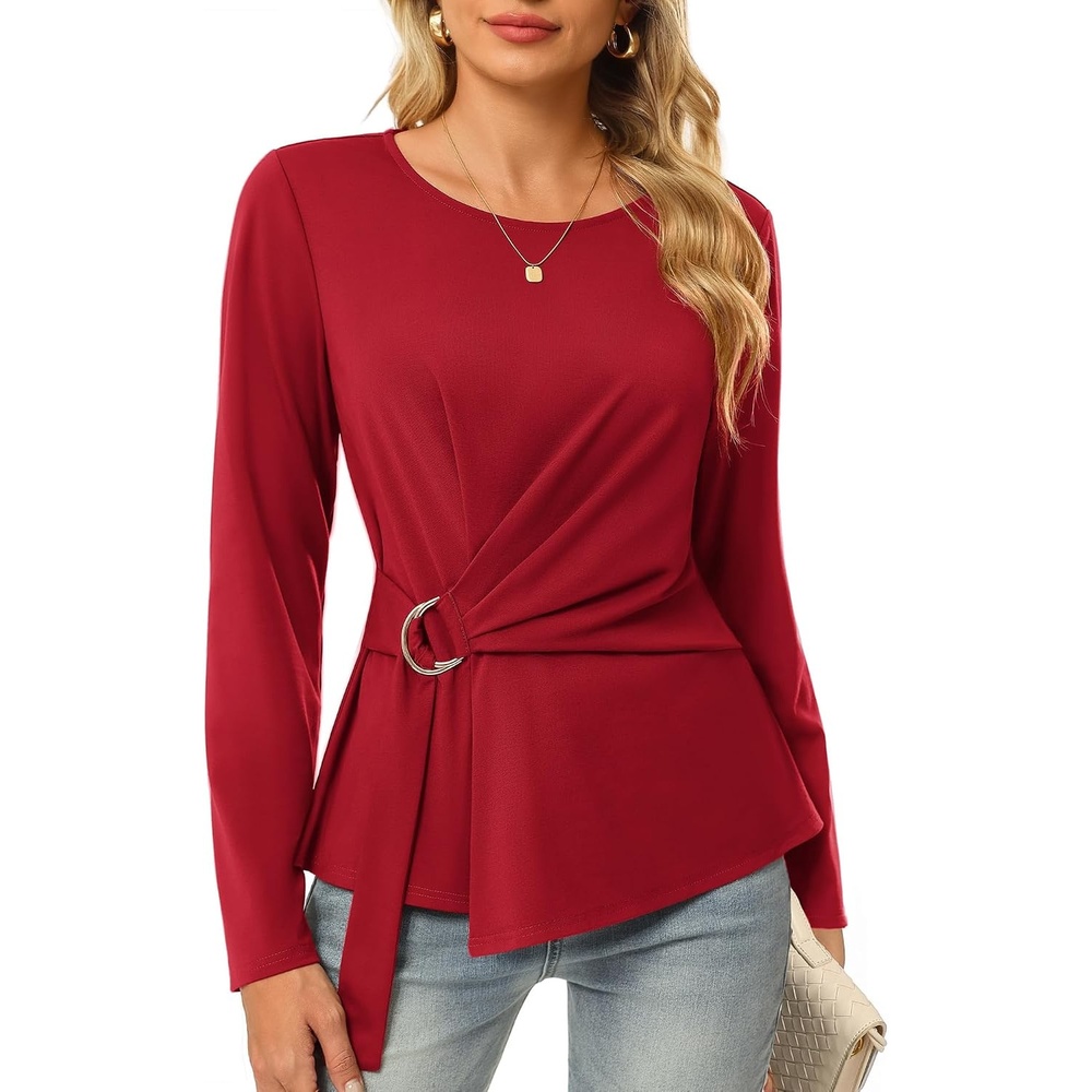 image:imageGRACE KARIN Women Long Sleeve Peplum Top Dressy Casual Shirt 2026 Summer Work Shirts Slim Fit Business Tunic Blouses with Belt Trendy Fashion ClothesRed