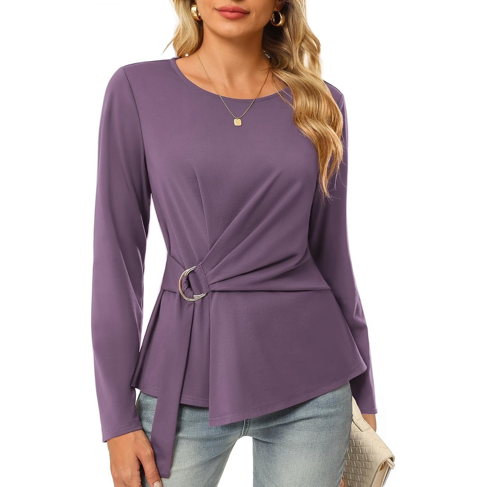 image:imageGRACE KARIN Women Long Sleeve Peplum Top Dressy Casual Shirt 2026 Summer Work Shirts Slim Fit Business Tunic Blouses with Belt Trendy Fashion ClothesPurple