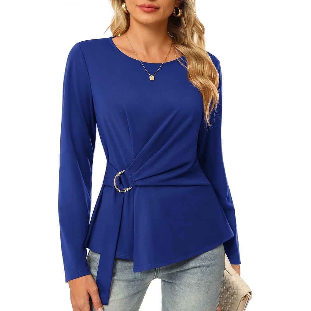 image:imageGRACE KARIN Women Long Sleeve Peplum Top Dressy Casual Shirt 2026 Summer Work Shirts Slim Fit Business Tunic Blouses with Belt Trendy Fashion ClothesRoyal Blue