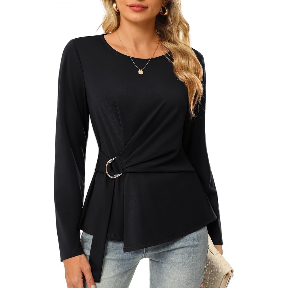 image:imageGRACE KARIN Women Long Sleeve Peplum Top Dressy Casual Shirt 2026 Summer Work Shirts Slim Fit Business Tunic Blouses with Belt Trendy Fashion ClothesBlack