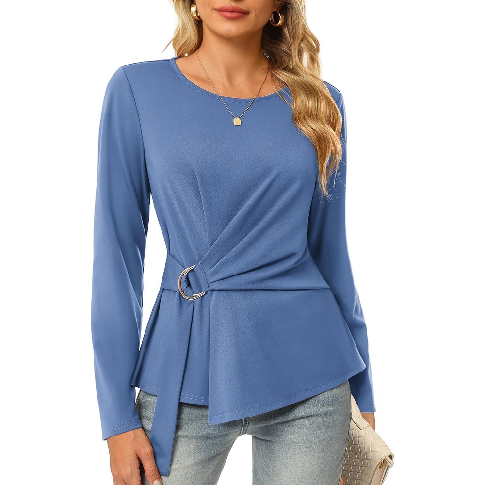 image:imageGRACE KARIN Women Long Sleeve Peplum Top Dressy Casual Shirt 2026 Summer Work Shirts Slim Fit Business Tunic Blouses with Belt Trendy Fashion ClothesGray Blue