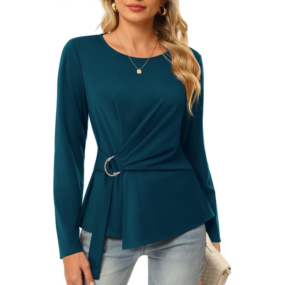 image:imageGRACE KARIN Women Long Sleeve Peplum Top Dressy Casual Shirt 2026 Summer Work Shirts Slim Fit Business Tunic Blouses with Belt Trendy Fashion ClothesBlue Green