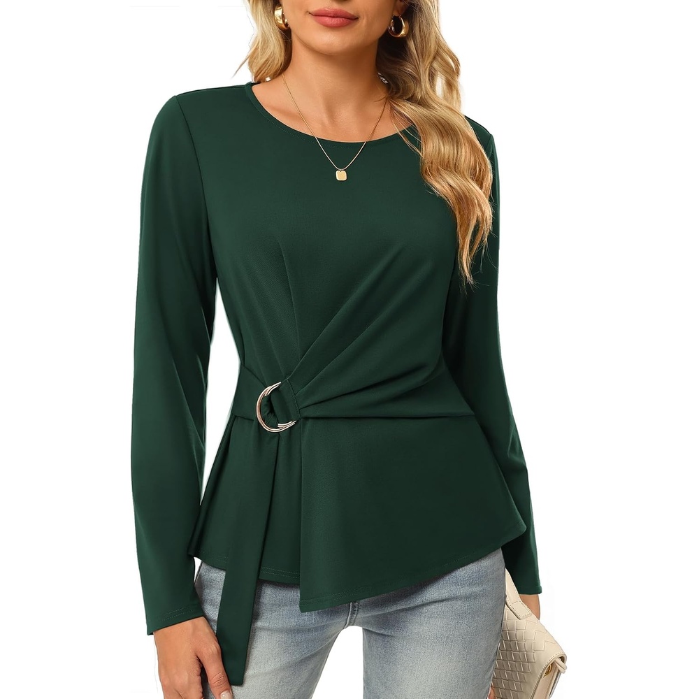 image:imageGRACE KARIN Women Long Sleeve Peplum Top Dressy Casual Shirt 2026 Summer Work Shirts Slim Fit Business Tunic Blouses with Belt Trendy Fashion ClothesDark Green
