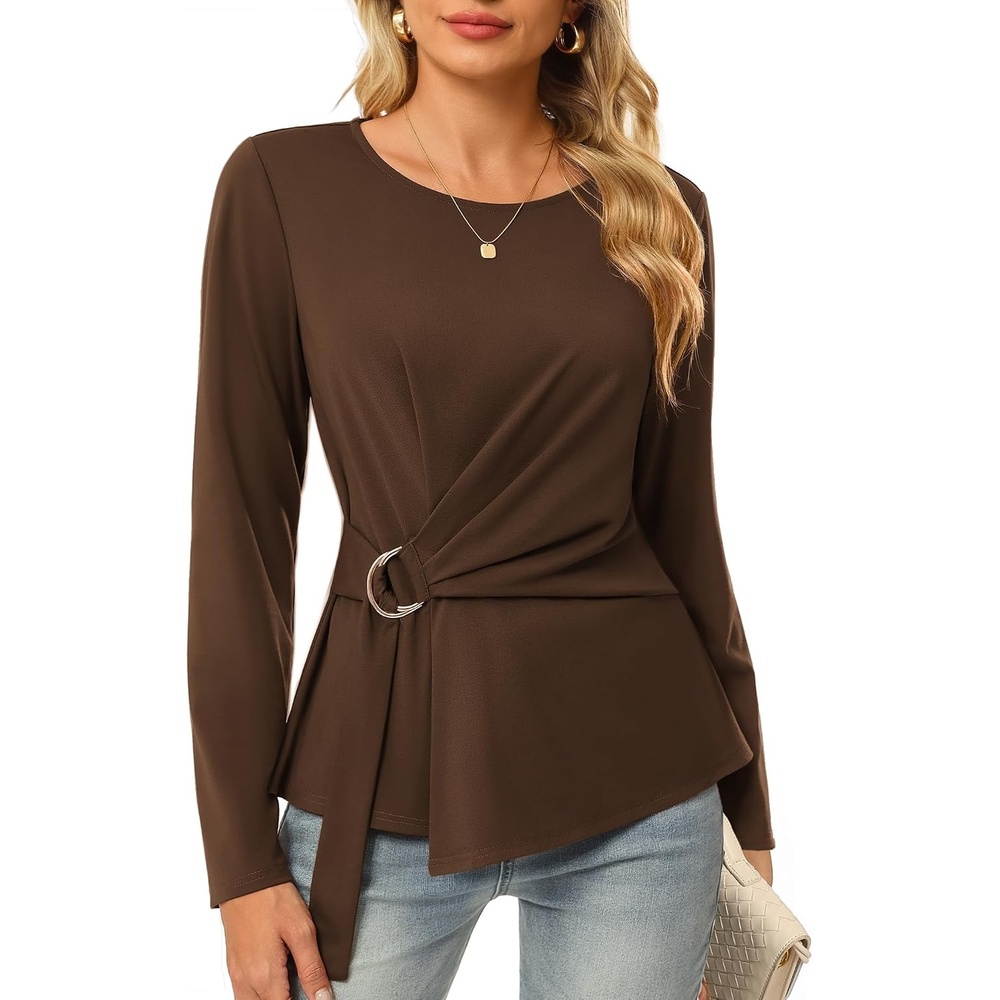 image:imageGRACE KARIN Women Long Sleeve Peplum Top Dressy Casual Shirt 2026 Summer Work Shirts Slim Fit Business Tunic Blouses with Belt Trendy Fashion ClothesBrown
