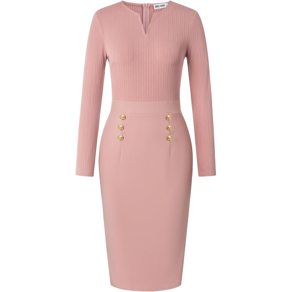 image:imageGRACE KARIN Womens 2026 Fall Long Sleeve Work Midi Dress Bodycon Business Casual Office Sheath Church Henley V Neck Metal Button Elegant Ribbed Knit Formal StretchyPink