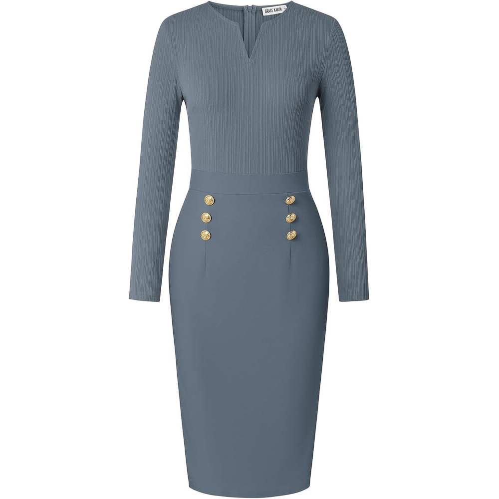 image:imageGRACE KARIN Womens 2026 Fall Long Sleeve Work Midi Dress  Bodycon Business Casual Office Sheath Church Henley V Neck Metal Button Elegant Ribbed Knit Formal StretchyGrey Blue
