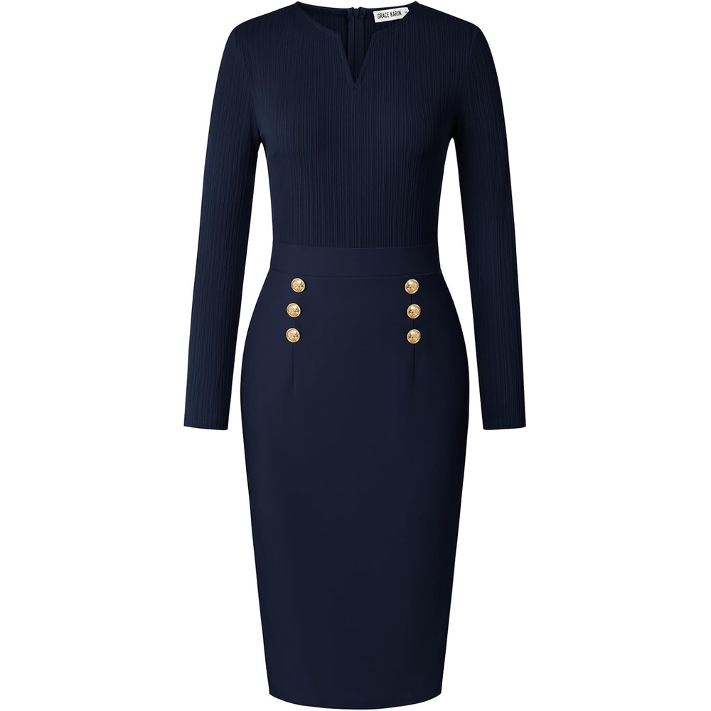 image:imageGRACE KARIN Womens 2026 Fall Long Sleeve Work Midi Dress Bodycon Business Casual Office Sheath Church Henley V Neck Metal Button Elegant Ribbed Knit Formal StretchyNavy