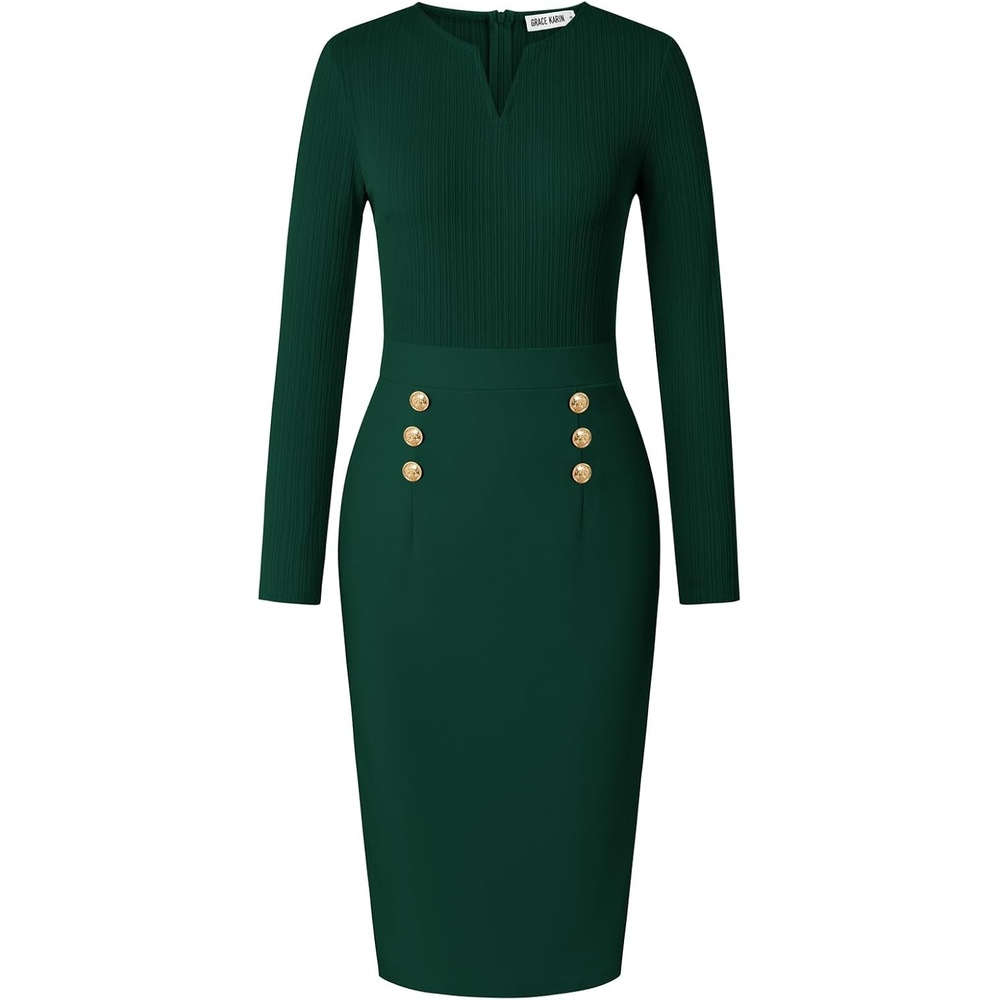 image:imageGRACE KARIN Womens 2026 Fall Long Sleeve Work Midi Dress  Bodycon Business Casual Office Sheath Church Henley V Neck Metal Button Elegant Ribbed Knit Formal StretchyDark Green