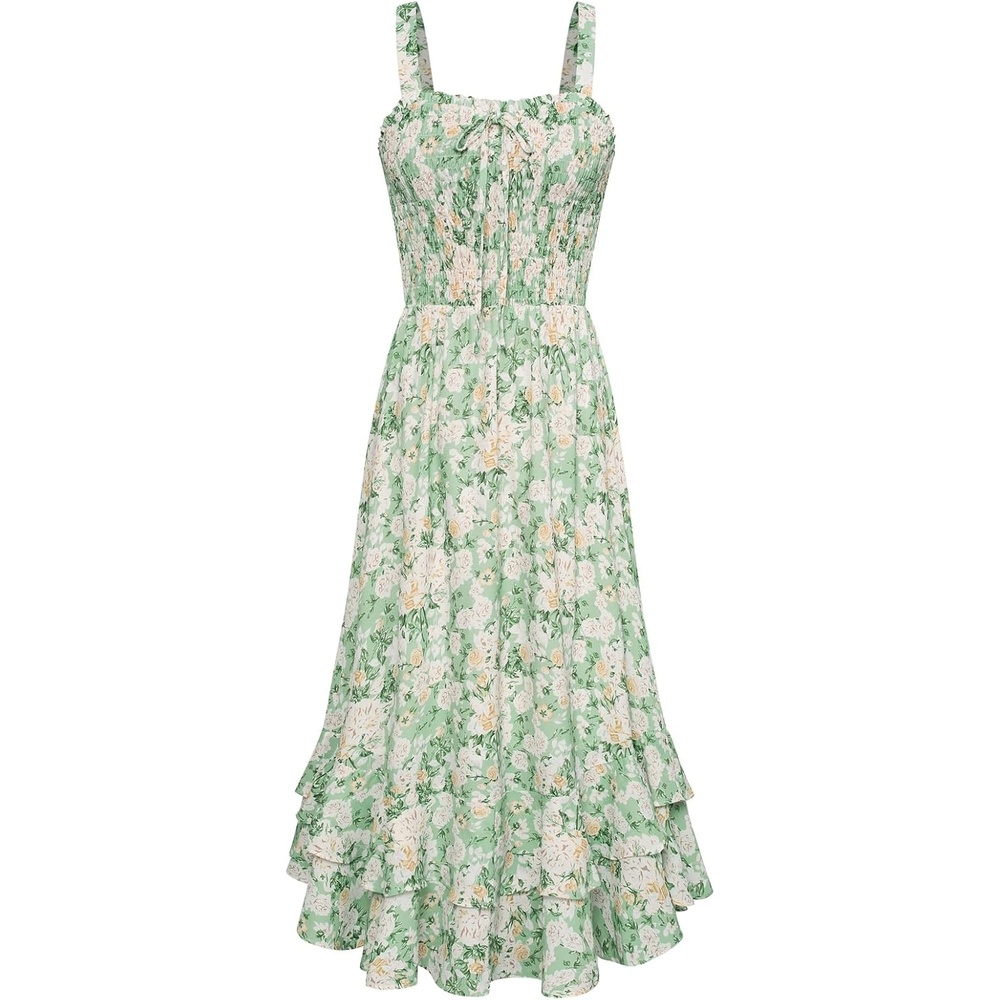 image:imageGRACE KARIN Womens 2026 Summer Floral Boho Dresses  Square Neck Strapped Swing A Line Sundress Long Maxi Beach Dress Outfits Sleeveless Hawaiian Trendy Fashion ClothesGreen White