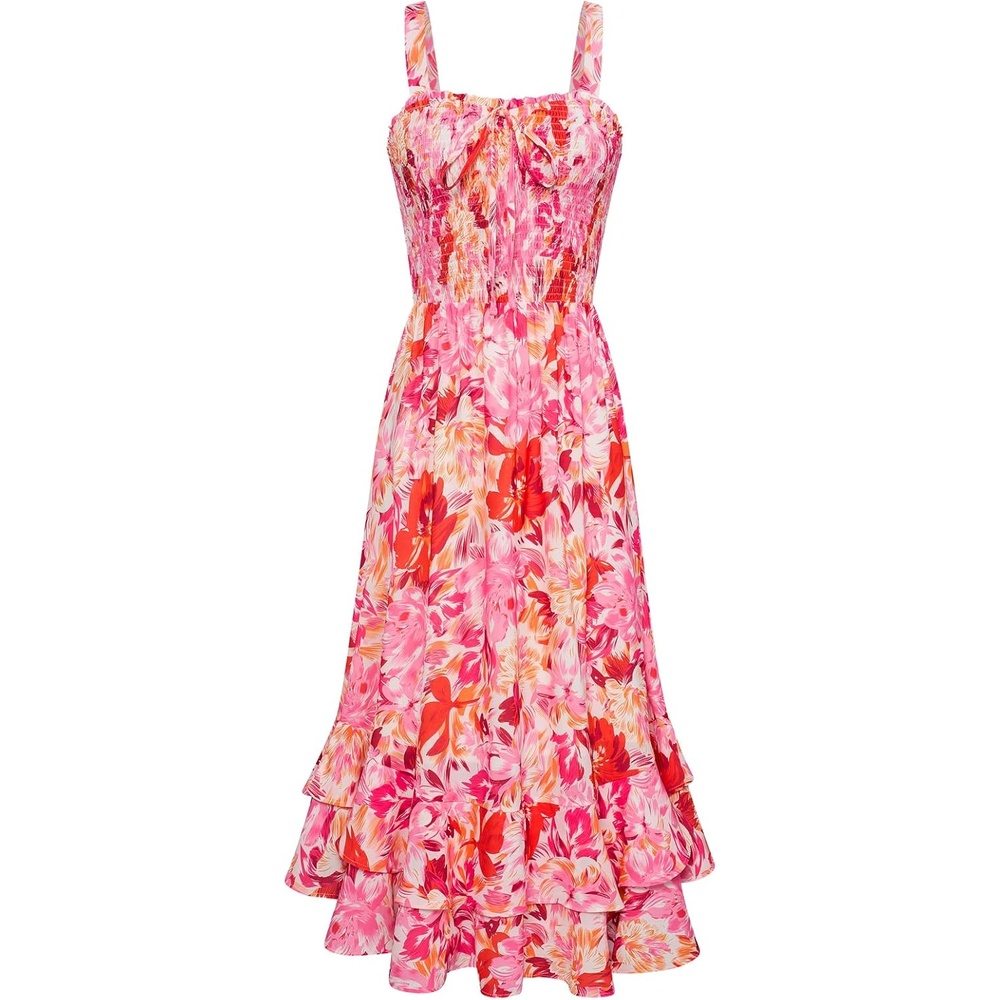image:imageGRACE KARIN Womens 2026 Summer Floral Boho Dresses Square Neck Strapped Swing A Line Sundress Long Maxi Beach Dress Outfits Sleeveless Hawaiian Trendy Fashion ClothesRed Pink