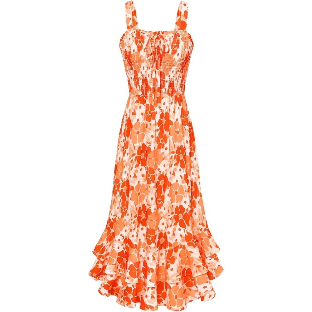 image:imageGRACE KARIN Womens 2026 Summer Floral Boho Dresses Square Neck Strapped Swing A Line Sundress Long Maxi Beach Dress Outfits Sleeveless Hawaiian Trendy Fashion ClothesOrange