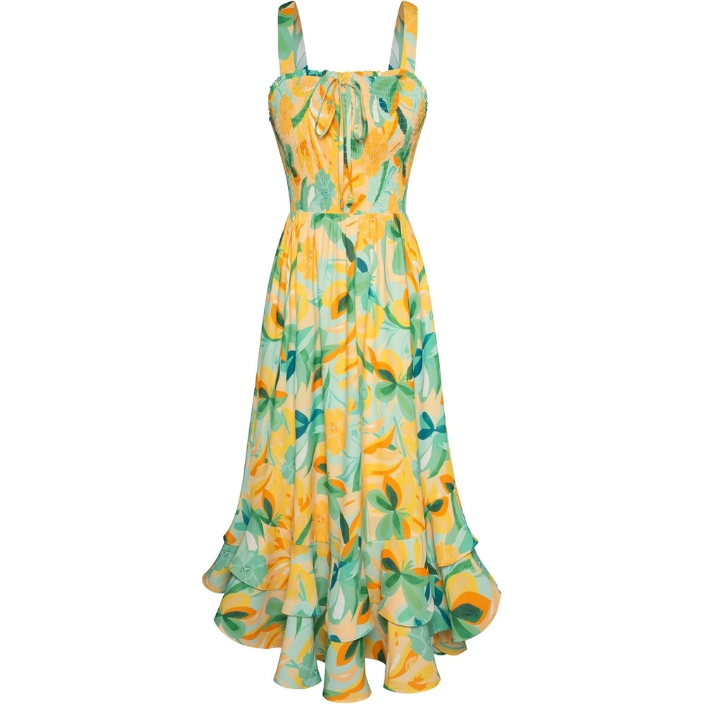 image:imageGRACE KARIN Womens 2026 Summer Floral Boho Dresses Square Neck Strapped Swing A Line Sundress Long Maxi Beach Dress Outfits Sleeveless Hawaiian Trendy Fashion ClothesGreen Yellow