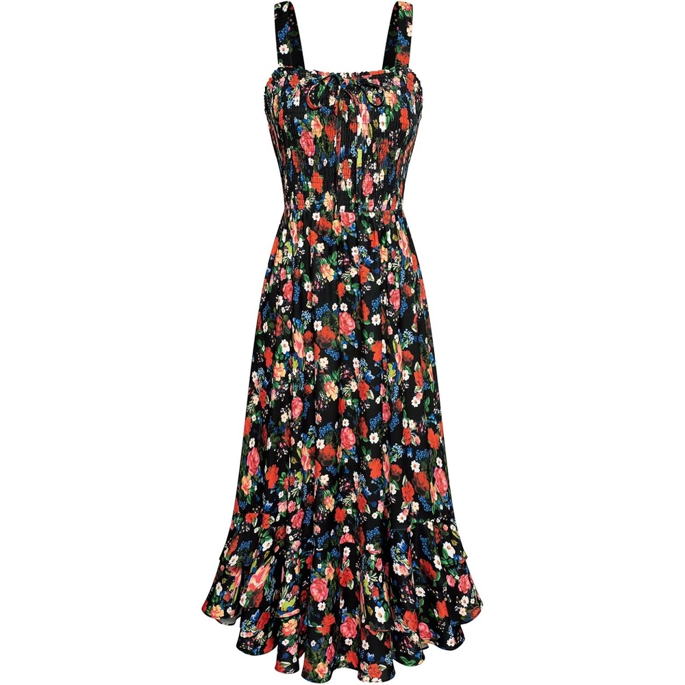 image:imageGRACE KARIN Womens 2026 Summer Floral Boho Dresses Square Neck Strapped Swing A Line Sundress Long Maxi Beach Dress Outfits Sleeveless Hawaiian Trendy Fashion ClothesBlack Floral