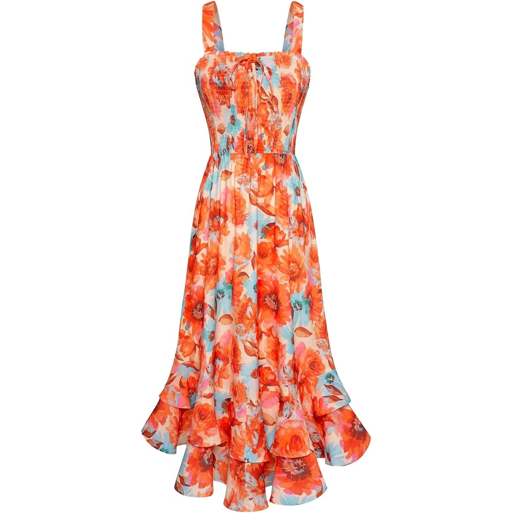 image:imageGRACE KARIN Womens 2026 Summer Floral Boho Dresses Square Neck Strapped Swing A Line Sundress Long Maxi Beach Dress Outfits Sleeveless Hawaiian Trendy Fashion ClothesOrange Flower