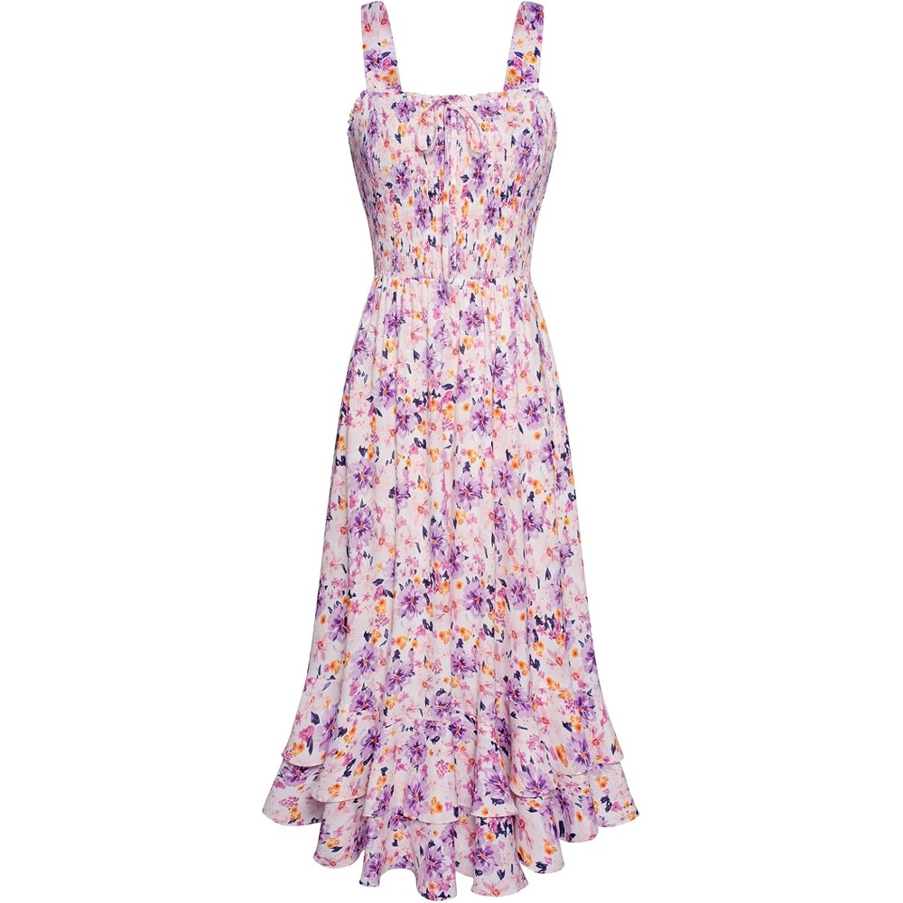 image:imageGRACE KARIN Womens 2026 Summer Floral Boho Dresses Square Neck Strapped Swing A Line Sundress Long Maxi Beach Dress Outfits Sleeveless Hawaiian Trendy Fashion ClothesPurple Yellow