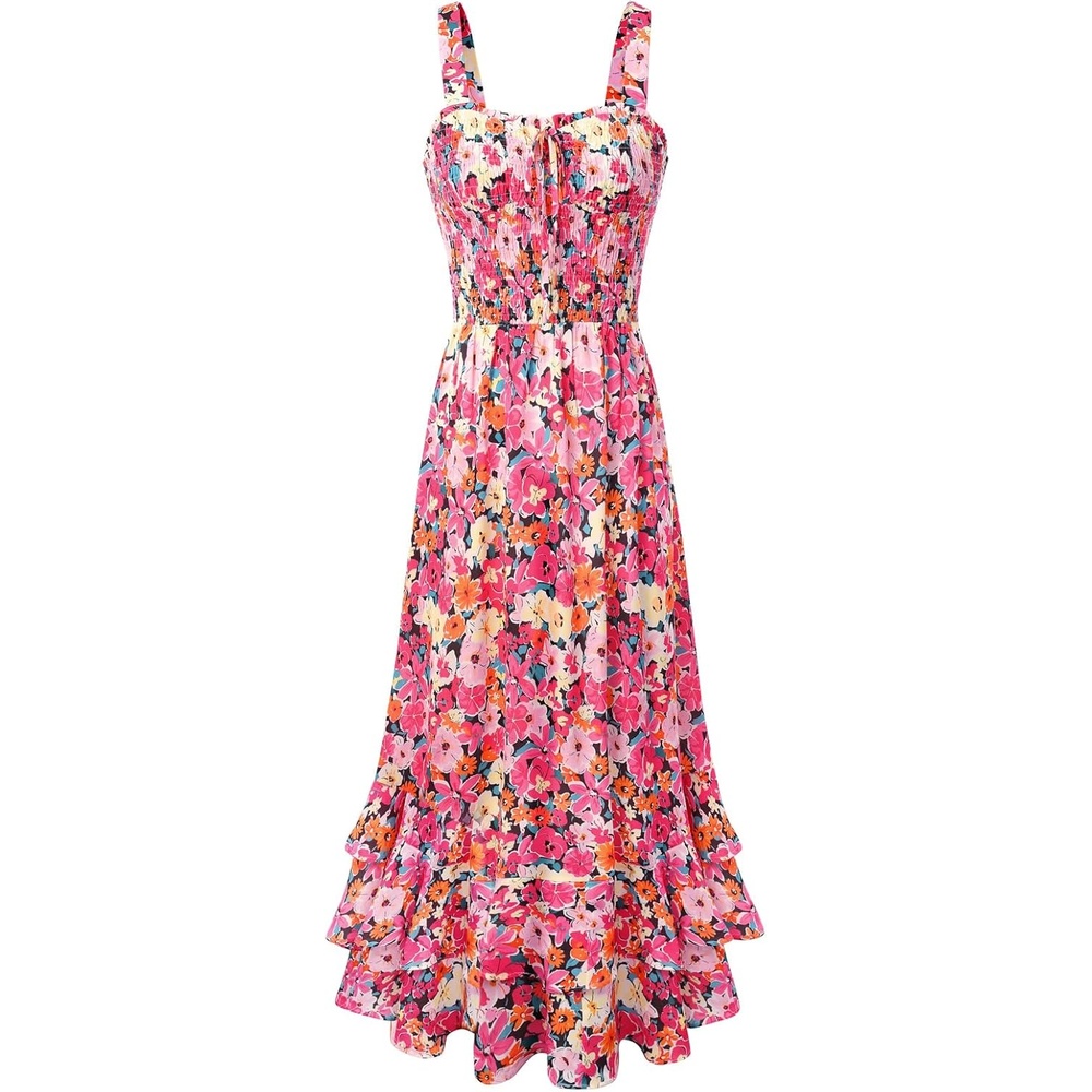 image:imageGRACE KARIN Womens 2026 Summer Floral Boho Dresses Square Neck Strapped Swing A Line Sundress Long Maxi Beach Dress Outfits Sleeveless Hawaiian Trendy Fashion ClothesPink Orange