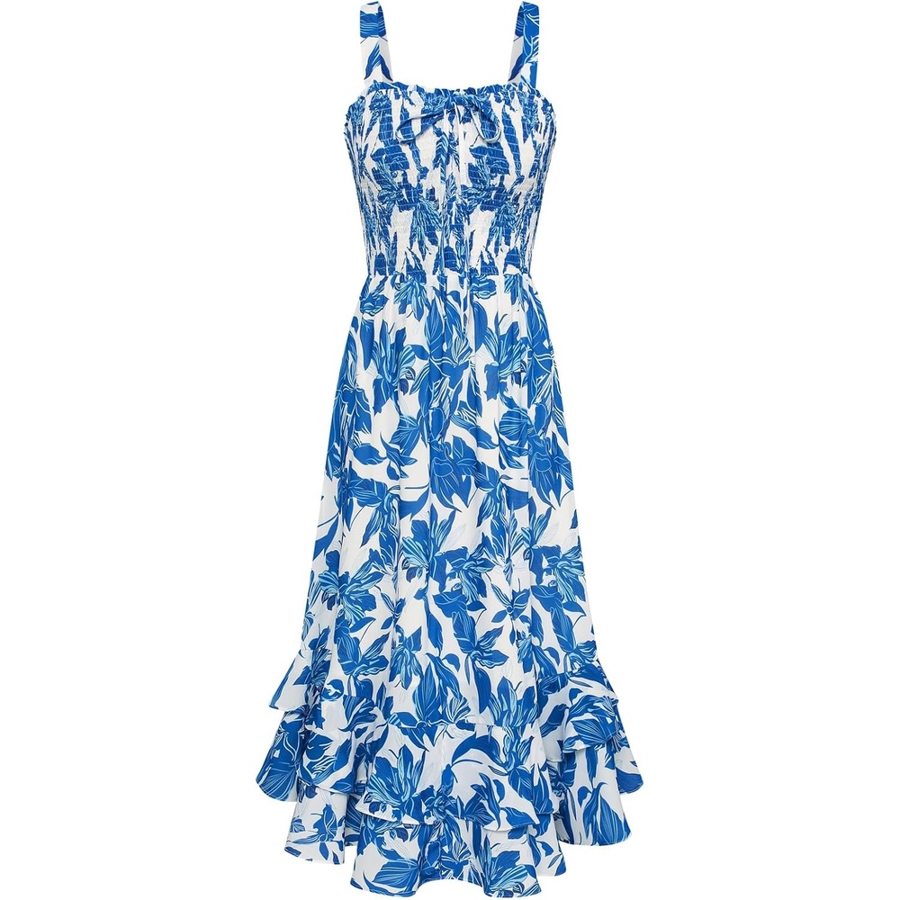 image:imageGRACE KARIN Womens 2026 Summer Floral Boho Dresses  Square Neck Strapped Swing A Line Sundress Long Maxi Beach Dress Outfits Sleeveless Hawaiian Trendy Fashion ClothesBlue White