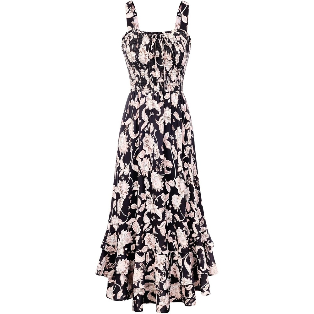 image:imageGRACE KARIN Womens 2026 Summer Floral Boho Dresses  Square Neck Strapped Swing A Line Sundress Long Maxi Beach Dress Outfits Sleeveless Hawaiian Trendy Fashion ClothesBlack Flower