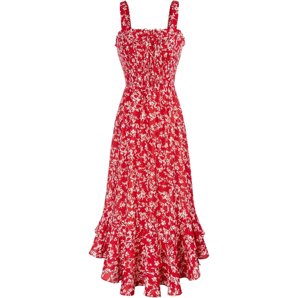 image:imageGRACE KARIN Womens 2026 Summer Floral Boho Dresses Square Neck Strapped Swing A Line Sundress Long Maxi Beach Dress Outfits Sleeveless Hawaiian Trendy Fashion ClothesRed