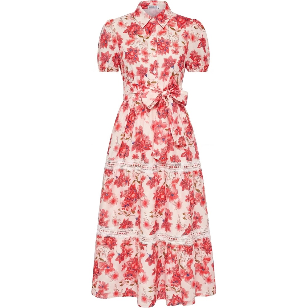 image:imageGRACE KARIN Womens 2026 Summer Floral Maxi Dresses 2 Pocket Flowy Bohemian A Line Tie Belt Short Puff Sleeve Shirt Collar Lightweight Vacation Easter Wedding ShowerRed Floral
