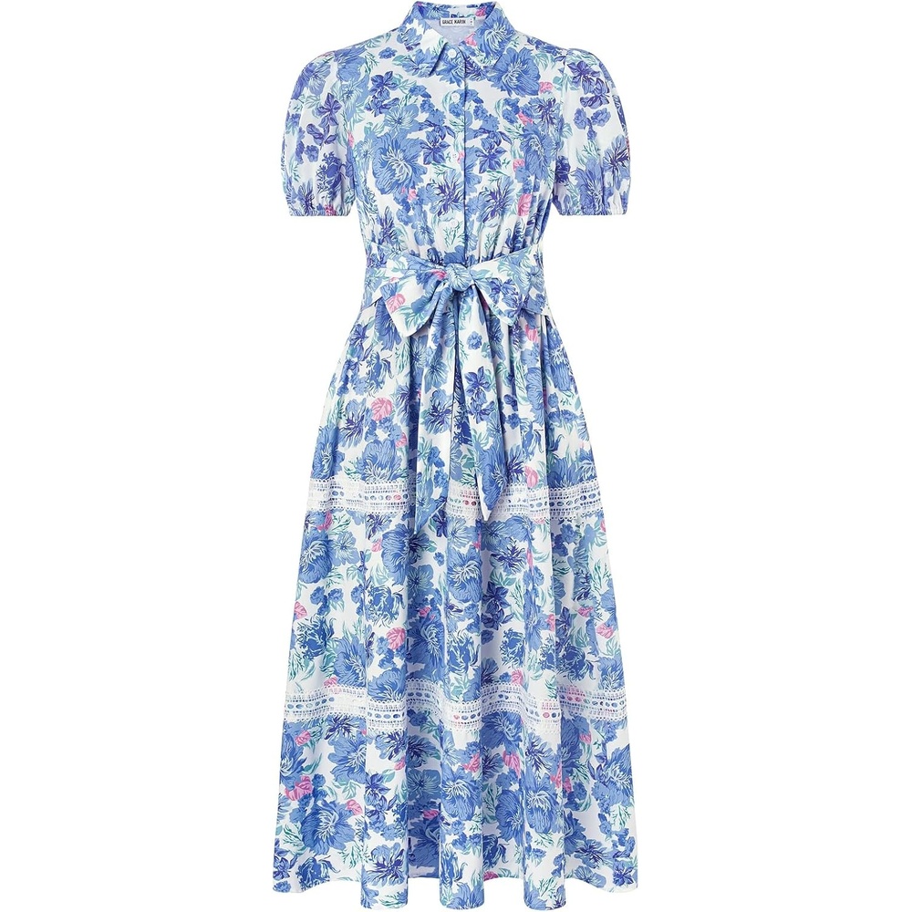 image:imageGRACE KARIN Womens 2026 Summer Floral Maxi Dresses 2 Pocket Flowy Bohemian A Line Tie Belt Short Puff Sleeve Shirt Collar Lightweight Vacation Easter Wedding ShowerBlue Pink