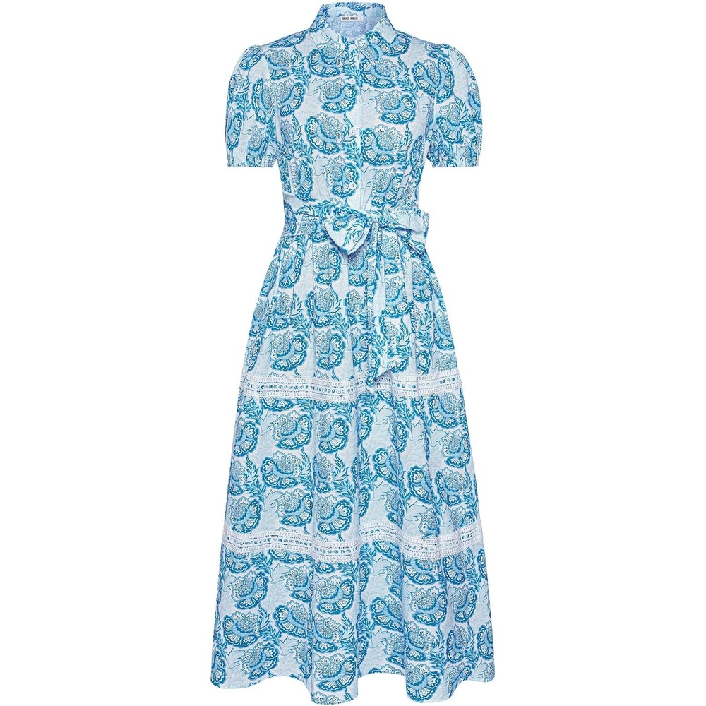 image:imageGRACE KARIN Womens 2026 Summer Floral Maxi Dresses 2 Pocket Flowy Bohemian A Line Tie Belt Short Puff Sleeve Shirt Collar Lightweight Vacation Easter Wedding ShowerWhite Blue