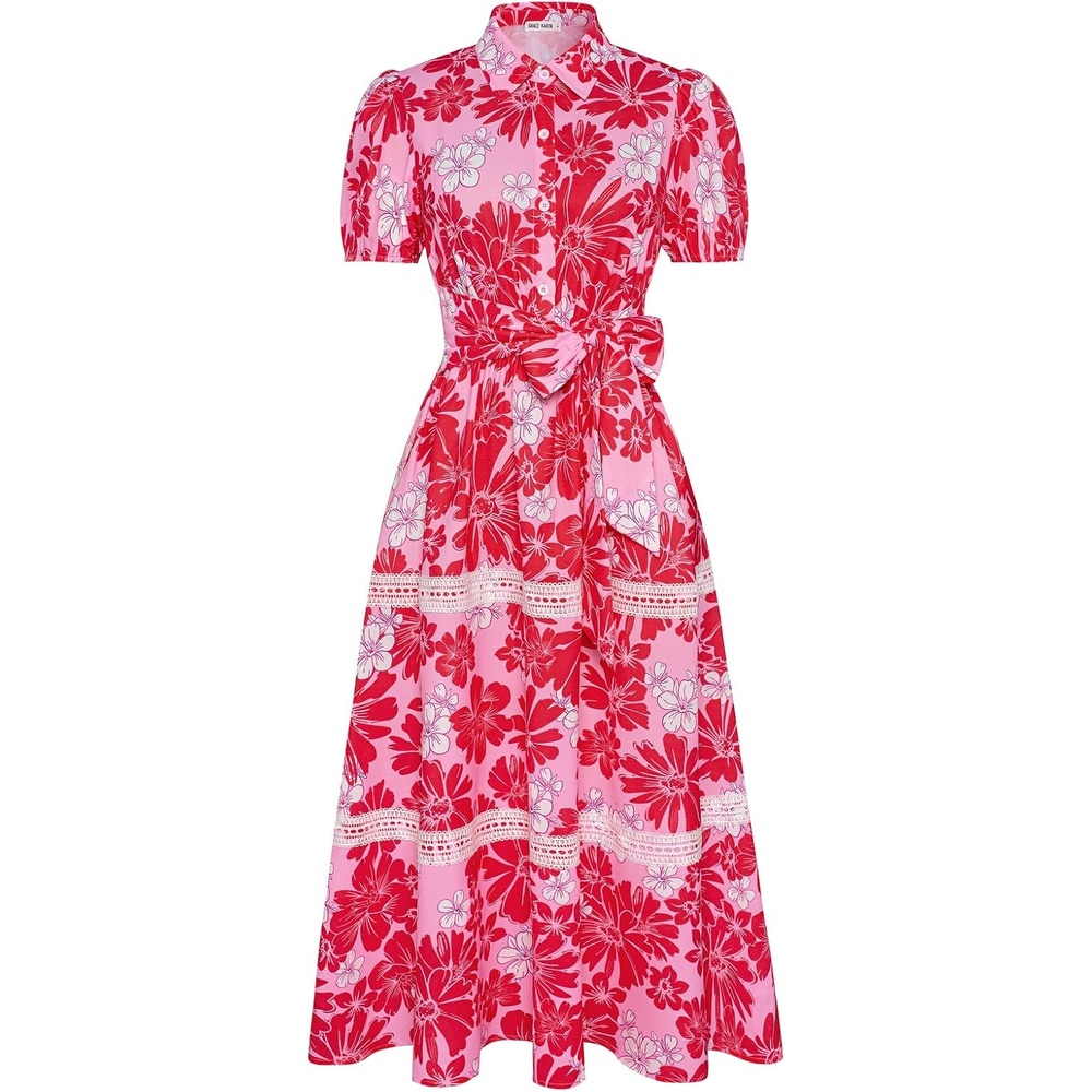 image:imageGRACE KARIN Womens 2026 Summer Floral Maxi Dresses  2 Pocket Flowy Bohemian A Line Tie Belt Short Puff Sleeve Shirt Collar Lightweight Vacation Easter Wedding ShowerPink Red