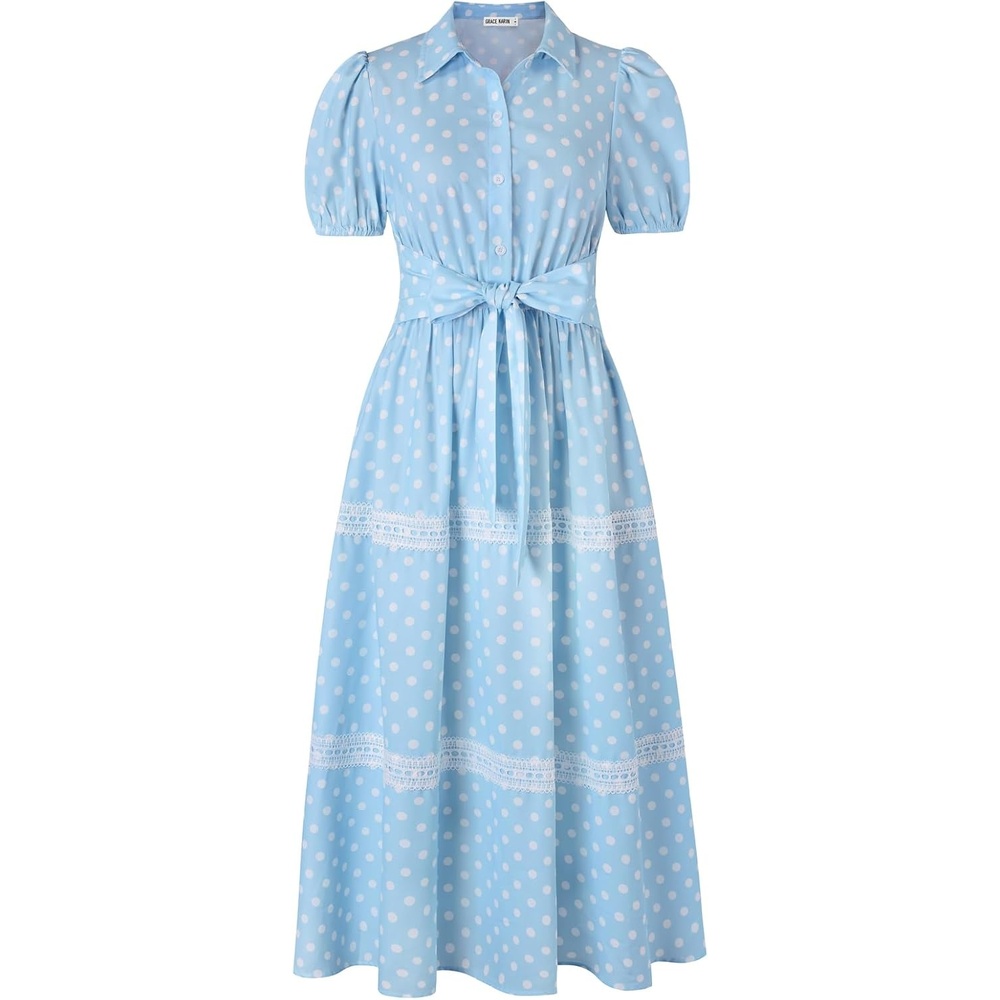 image:imageGRACE KARIN Womens 2026 Summer Floral Maxi Dresses 2 Pocket Flowy Bohemian A Line Tie Belt Short Puff Sleeve Shirt Collar Lightweight Vacation Easter Wedding ShowerBlue Dot