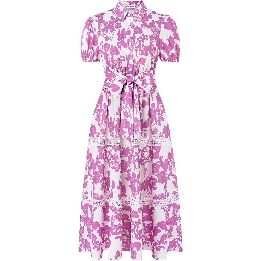 image:imageGRACE KARIN Womens 2026 Summer Floral Maxi Dresses 2 Pocket Flowy Bohemian A Line Tie Belt Short Puff Sleeve Shirt Collar Lightweight Vacation Easter Wedding ShowerWhite Purple