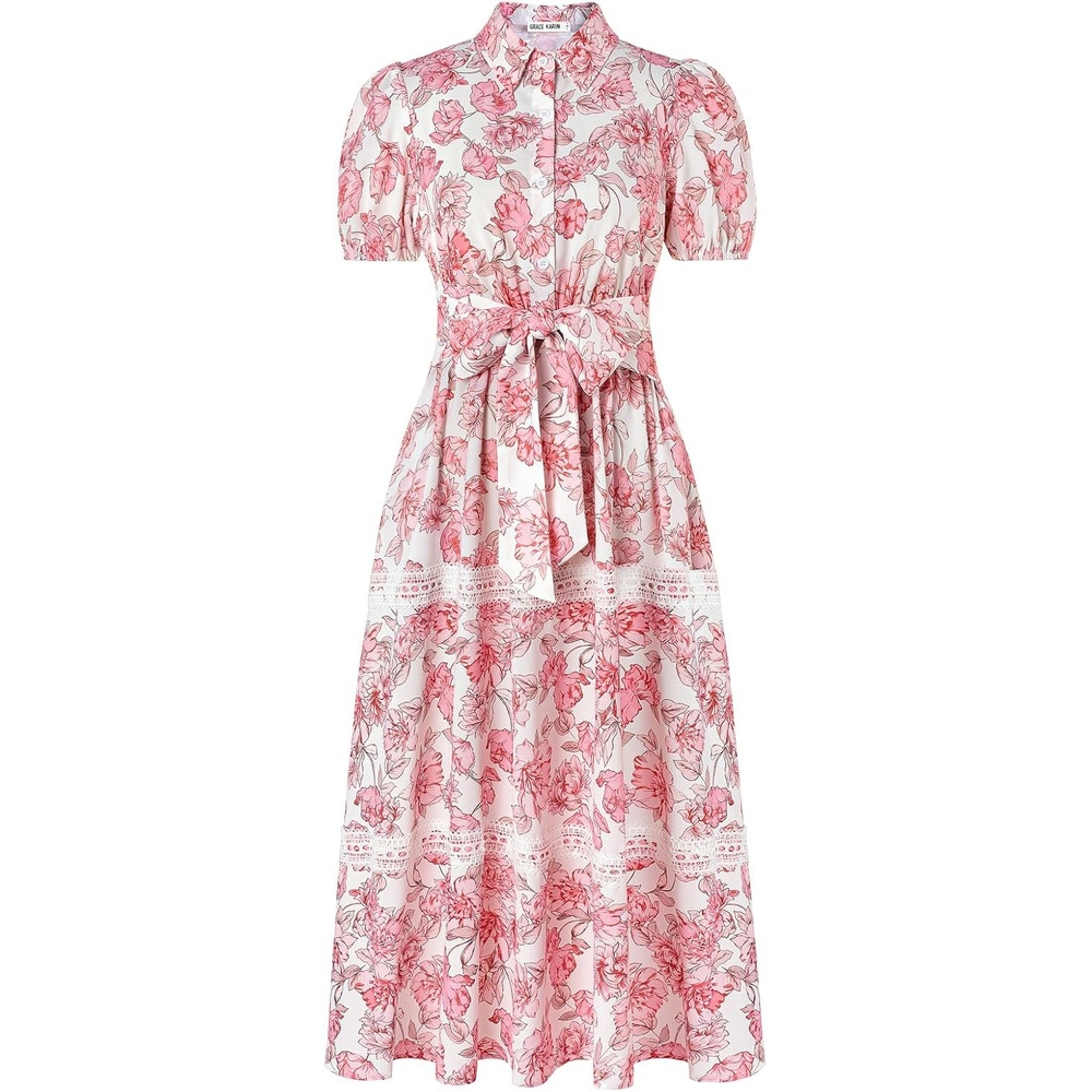 image:imageGRACE KARIN Womens 2026 Summer Floral Maxi Dresses 2 Pocket Flowy Bohemian A Line Tie Belt Short Puff Sleeve Shirt Collar Lightweight Vacation Easter Wedding ShowerPink Floral