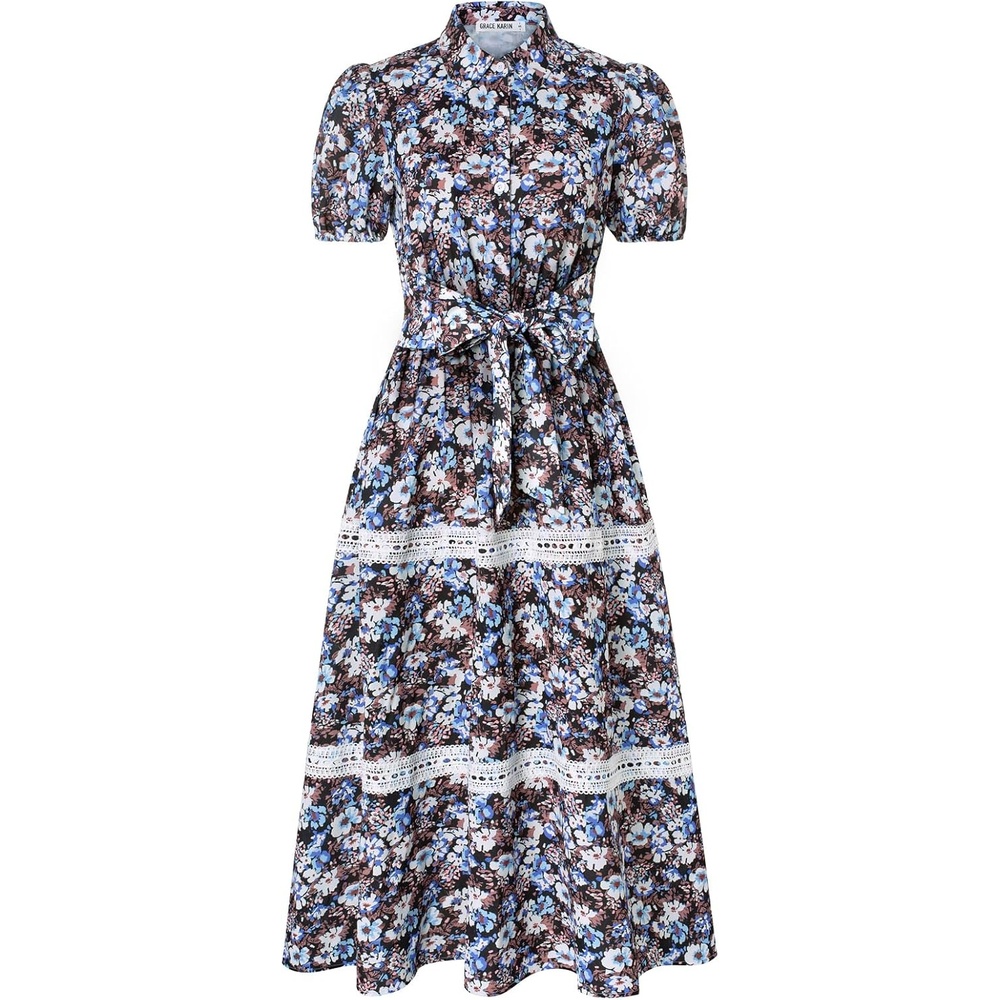 image:imageGRACE KARIN Womens 2026 Summer Floral Maxi Dresses 2 Pocket Flowy Bohemian A Line Tie Belt Short Puff Sleeve Shirt Collar Lightweight Vacation Easter Wedding ShowerBlack Blue