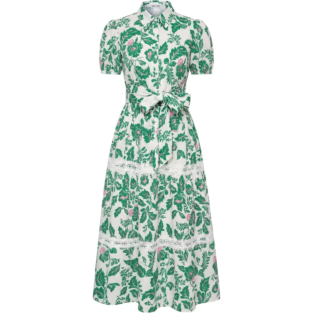 image:imageGRACE KARIN Womens 2026 Summer Floral Maxi Dresses 2 Pocket Flowy Bohemian A Line Tie Belt Short Puff Sleeve Shirt Collar Lightweight Vacation Easter Wedding ShowerGreen Floral