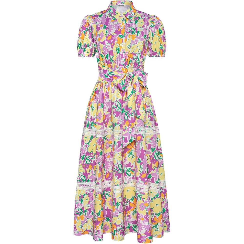 image:imageGRACE KARIN Womens 2026 Summer Floral Maxi Dresses 2 Pocket Flowy Bohemian A Line Tie Belt Short Puff Sleeve Shirt Collar Lightweight Vacation Easter Wedding ShowerPurple Yellow