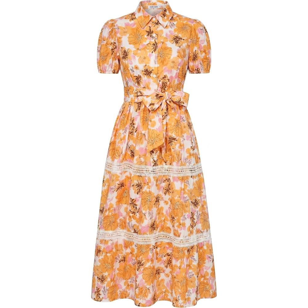image:imageGRACE KARIN Womens 2026 Summer Floral Maxi Dresses 2 Pocket Flowy Bohemian A Line Tie Belt Short Puff Sleeve Shirt Collar Lightweight Vacation Easter Wedding ShowerOrange