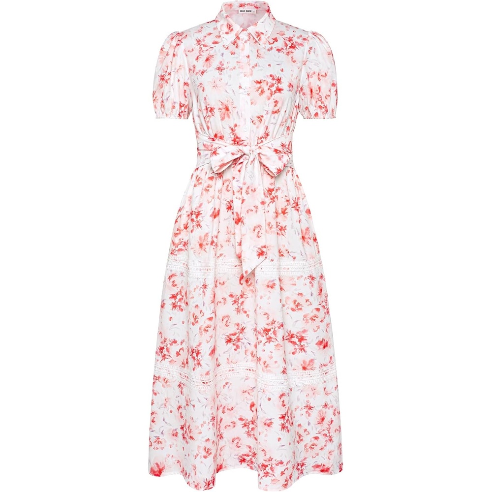 image:imageGRACE KARIN Womens 2026 Summer Floral Maxi Dresses 2 Pocket Flowy Bohemian A Line Tie Belt Short Puff Sleeve Shirt Collar Lightweight Vacation Easter Wedding ShowerWhite Pink