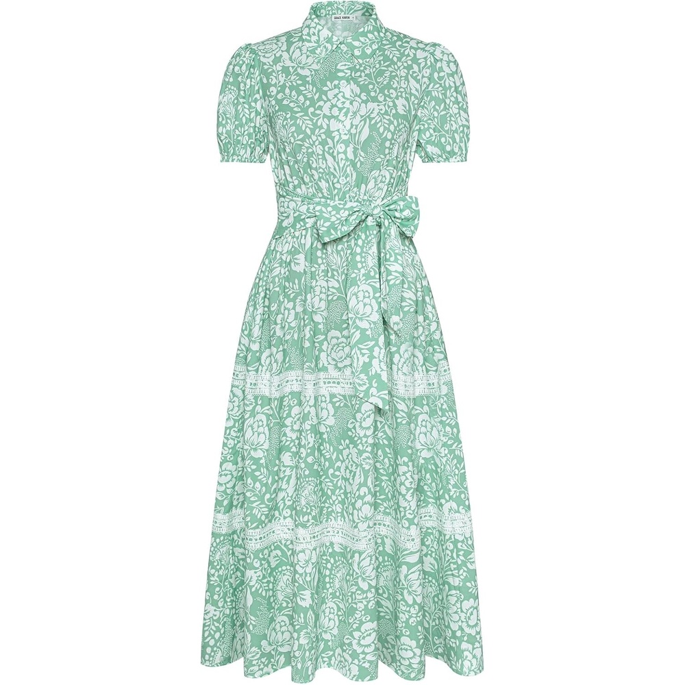 image:imageGRACE KARIN Womens 2026 Summer Floral Maxi Dresses 2 Pocket Flowy Bohemian A Line Tie Belt Short Puff Sleeve Shirt Collar Lightweight Vacation Easter Wedding ShowerGreen White