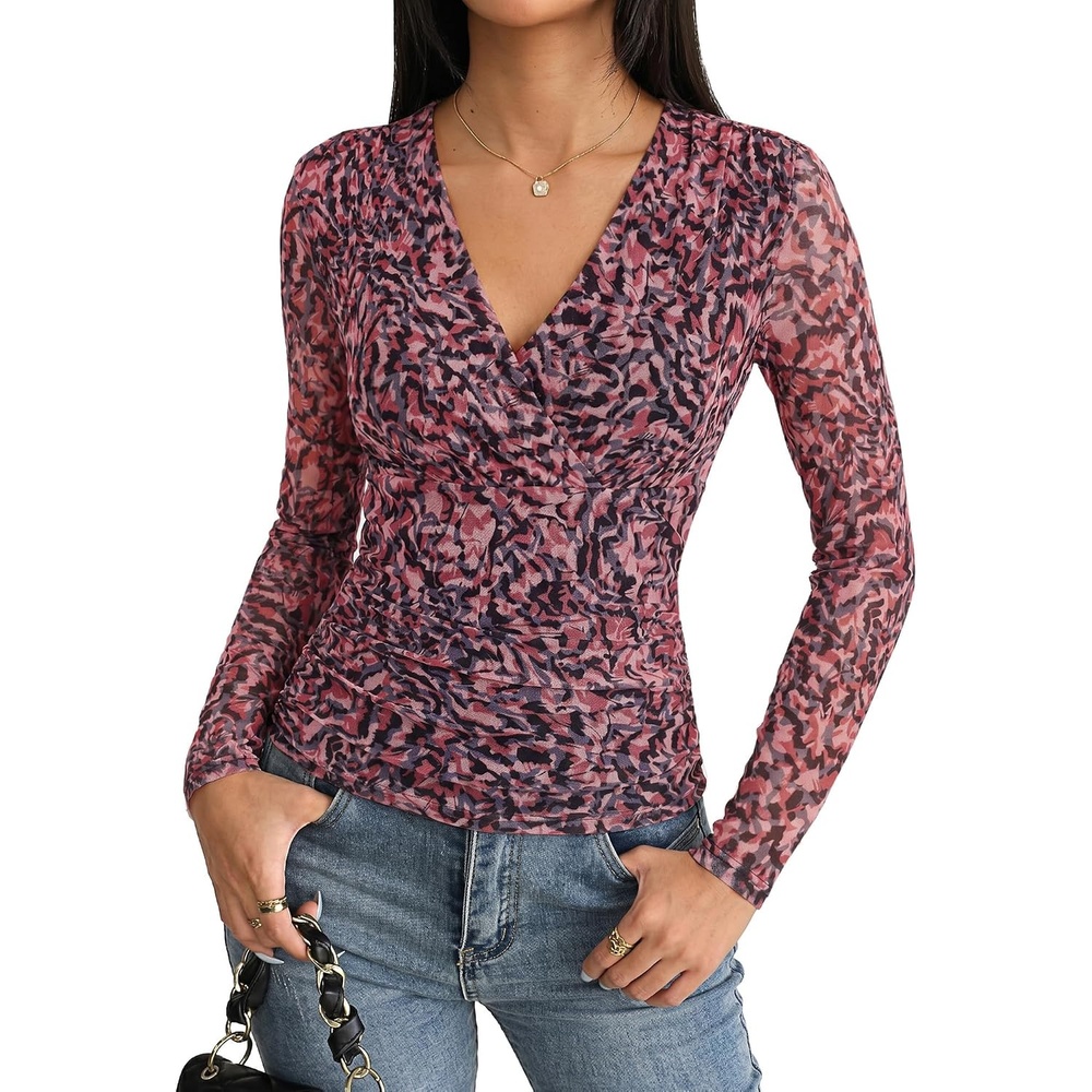 image:imageGRACE KARIN Womens Boho Mesh Tops Long Sleeve Blouses Dressy Casual Wrap V Neck Floral Tops Ruched Waist 2026 Fall Fashion Clothes Elegant Going Out TopsMulti Color
