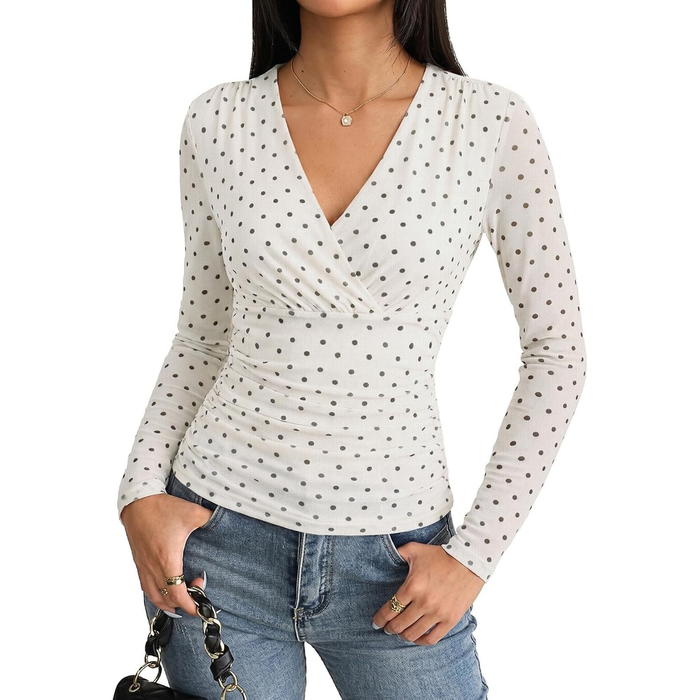 image:imageGRACE KARIN Womens Boho Mesh Tops Long Sleeve Blouses Dressy Casual Wrap V Neck Floral Tops Ruched Waist 2026 Fall Fashion Clothes Elegant Going Out TopsBeige White