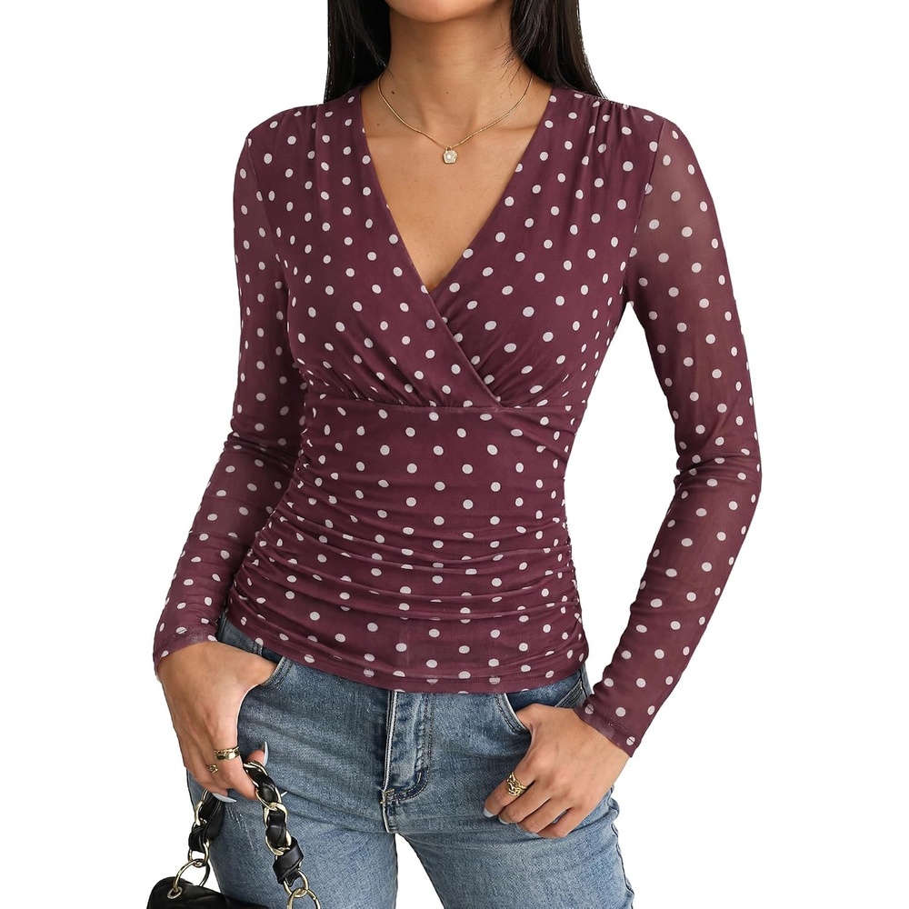 image:imageGRACE KARIN Womens Boho Mesh Tops Long Sleeve Blouses Dressy Casual Wrap V Neck Floral Tops Ruched Waist 2026 Fall Fashion Clothes Elegant Going Out TopsBurgundy