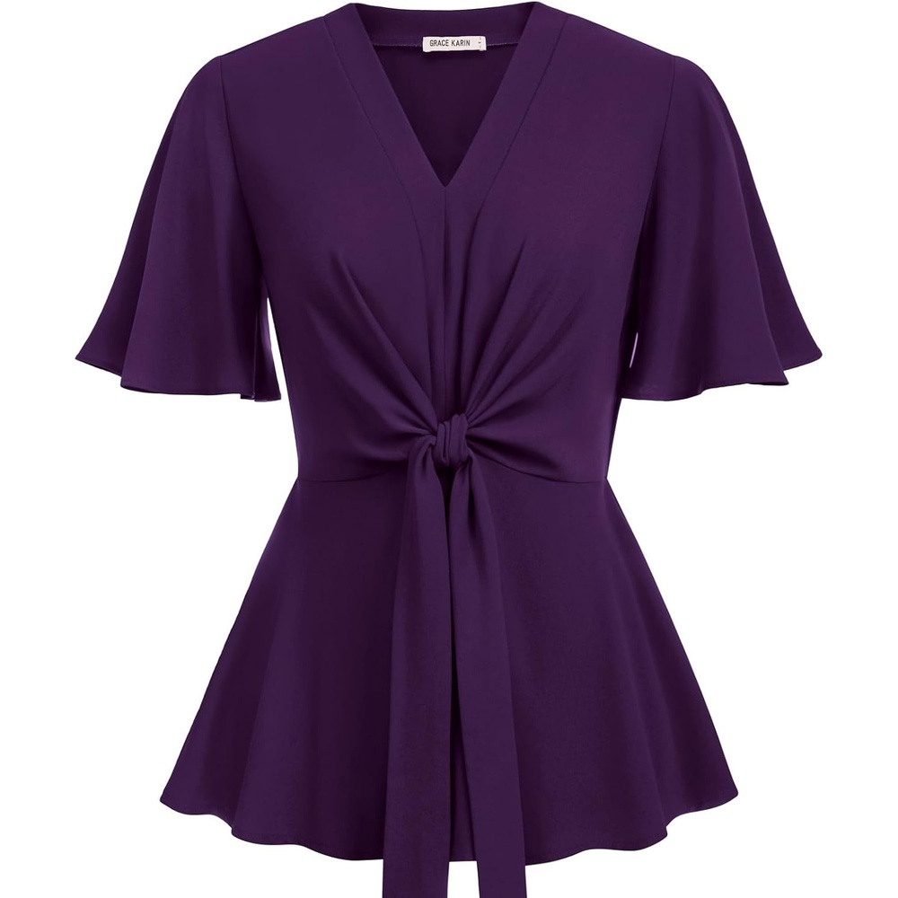 image:imageGRACE KARIN Womens Elegant VNeck Tie Waist Flowy Peplum Shirt Tops Flatters Pear amp Curvy Figures Soft Breathable Allday True to size Office to Weddings amp Weekend CasualsDark Purple