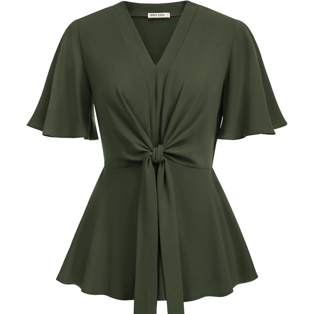 image:imageGRACE KARIN Womens Elegant VNeck Tie Waist Flowy Peplum Shirt Tops Flatters Pear amp Curvy Figures Soft Breathable Allday True to size Office to Weddings amp Weekend CasualsArmy Green