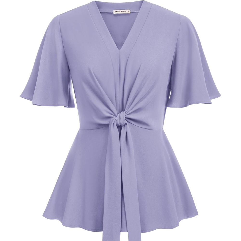 image:imageGRACE KARIN Womens Elegant VNeck Tie Waist Flowy Peplum Shirt Tops Flatters Pear amp Curvy Figures Soft Breathable Allday True to size Office to Weddings amp Weekend CasualsLilac