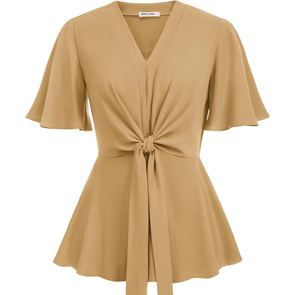 image:imageGRACE KARIN Womens Elegant VNeck Tie Waist Flowy Peplum Shirt Tops  Flatters Pear amp Curvy Figures Soft Breathable Allday True to size Office to Weddings amp Weekend CasualsApricot