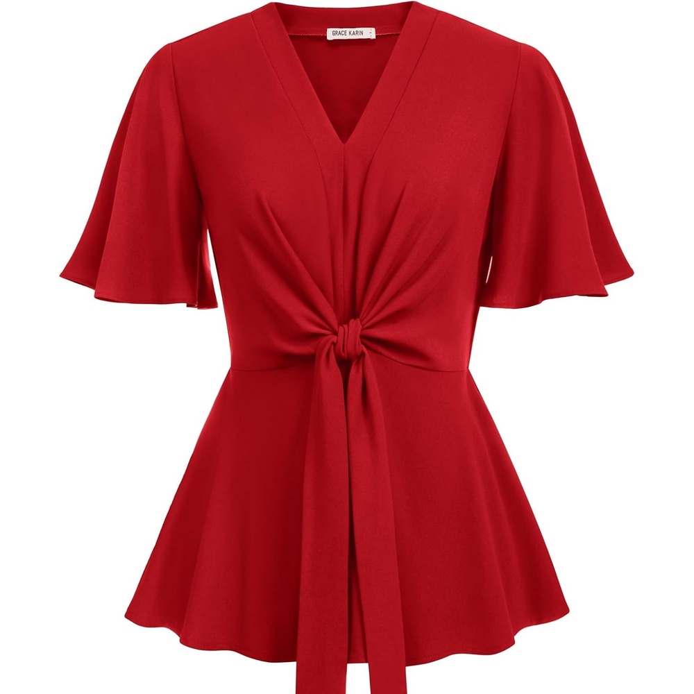 image:imageGRACE KARIN Womens Elegant VNeck Tie Waist Flowy Peplum Shirt Tops Flatters Pear amp Curvy Figures Soft Breathable Allday True to size Office to Weddings amp Weekend CasualsRed