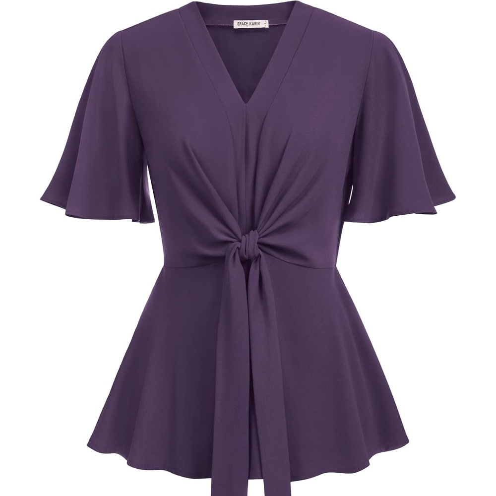 image:imageGRACE KARIN Womens Elegant VNeck Tie Waist Flowy Peplum Shirt Tops Flatters Pear amp Curvy Figures Soft Breathable Allday True to size Office to Weddings amp Weekend CasualsPurple