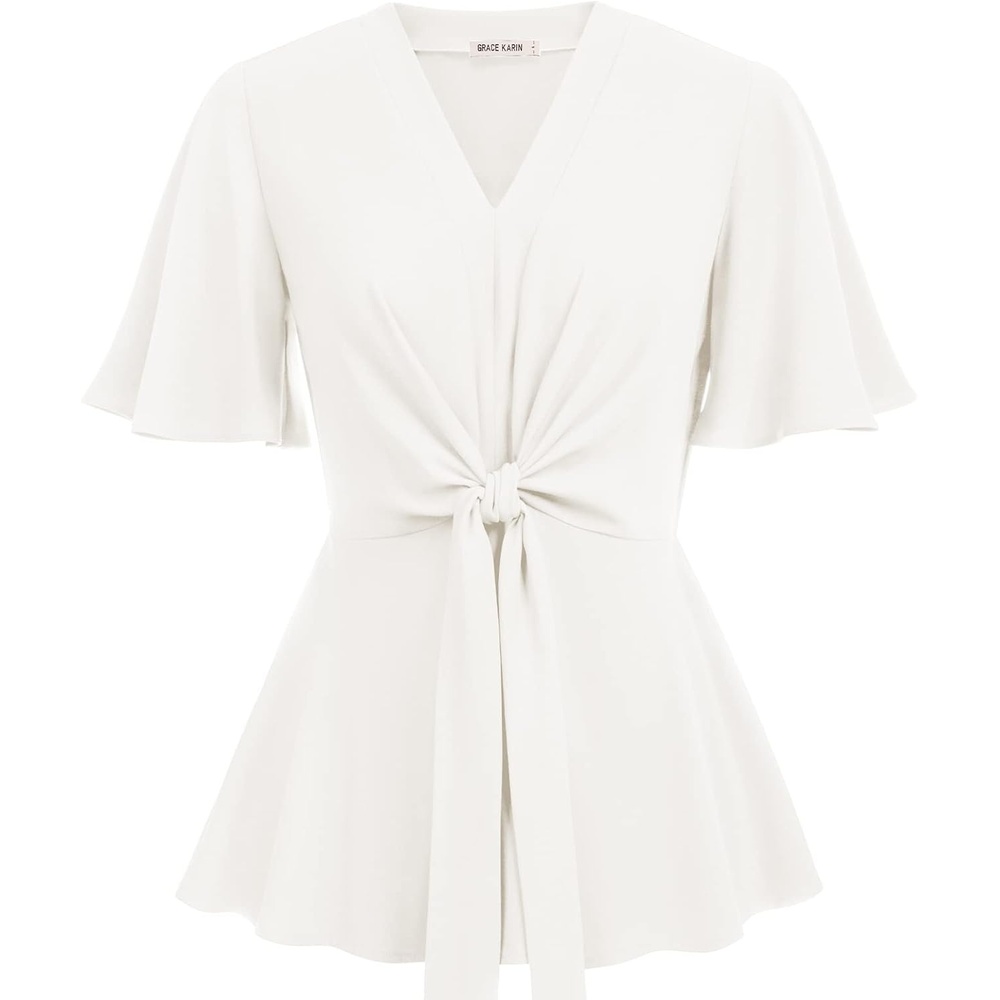 image:imageGRACE KARIN Womens Elegant VNeck Tie Waist Flowy Peplum Shirt Tops Flatters Pear amp Curvy Figures Soft Breathable Allday True to size Office to Weddings amp Weekend CasualsWhite
