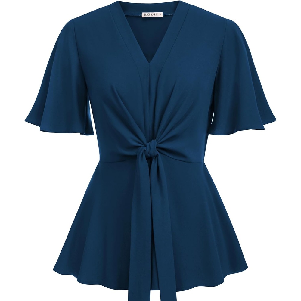 image:imageGRACE KARIN Womens Elegant VNeck Tie Waist Flowy Peplum Shirt Tops Flatters Pear amp Curvy Figures Soft Breathable Allday True to size Office to Weddings amp Weekend CasualsDark Blue