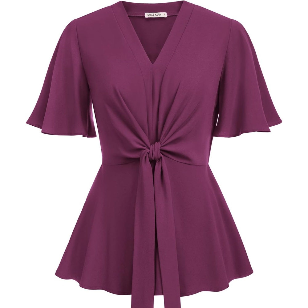 image:imageGRACE KARIN Womens Elegant VNeck Tie Waist Flowy Peplum Shirt Tops Flatters Pear amp Curvy Figures Soft Breathable Allday True to size Office to Weddings amp Weekend CasualsDark Rose Red
