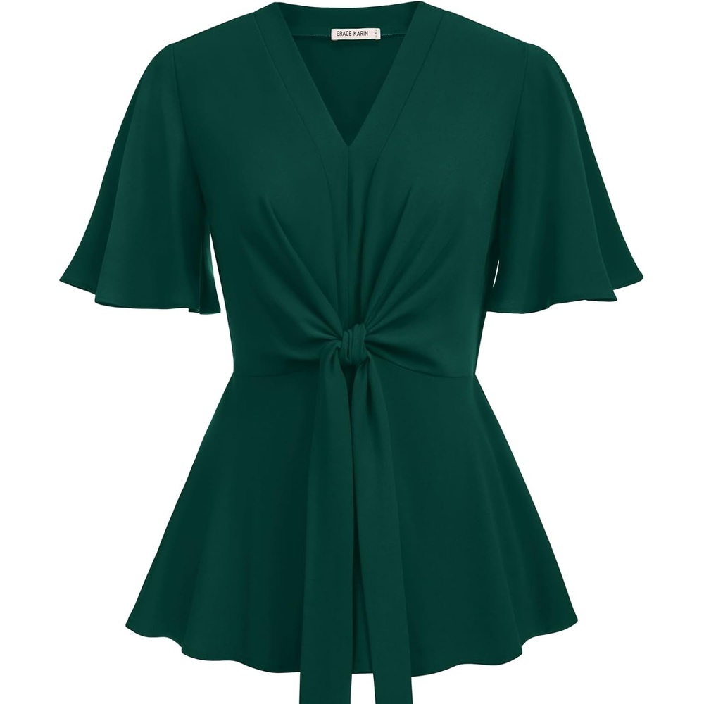 image:imageGRACE KARIN Womens Elegant VNeck Tie Waist Flowy Peplum Shirt Tops Flatters Pear amp Curvy Figures Soft Breathable Allday True to size Office to Weddings amp Weekend CasualsDark Green