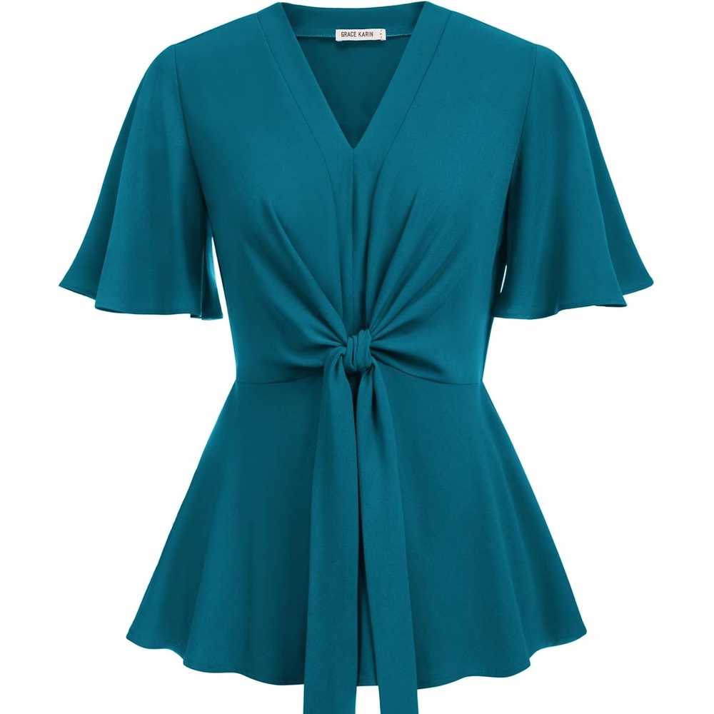 image:imageGRACE KARIN Womens Elegant VNeck Tie Waist Flowy Peplum Shirt Tops Flatters Pear amp Curvy Figures Soft Breathable Allday True to size Office to Weddings amp Weekend CasualsPeacock Blue